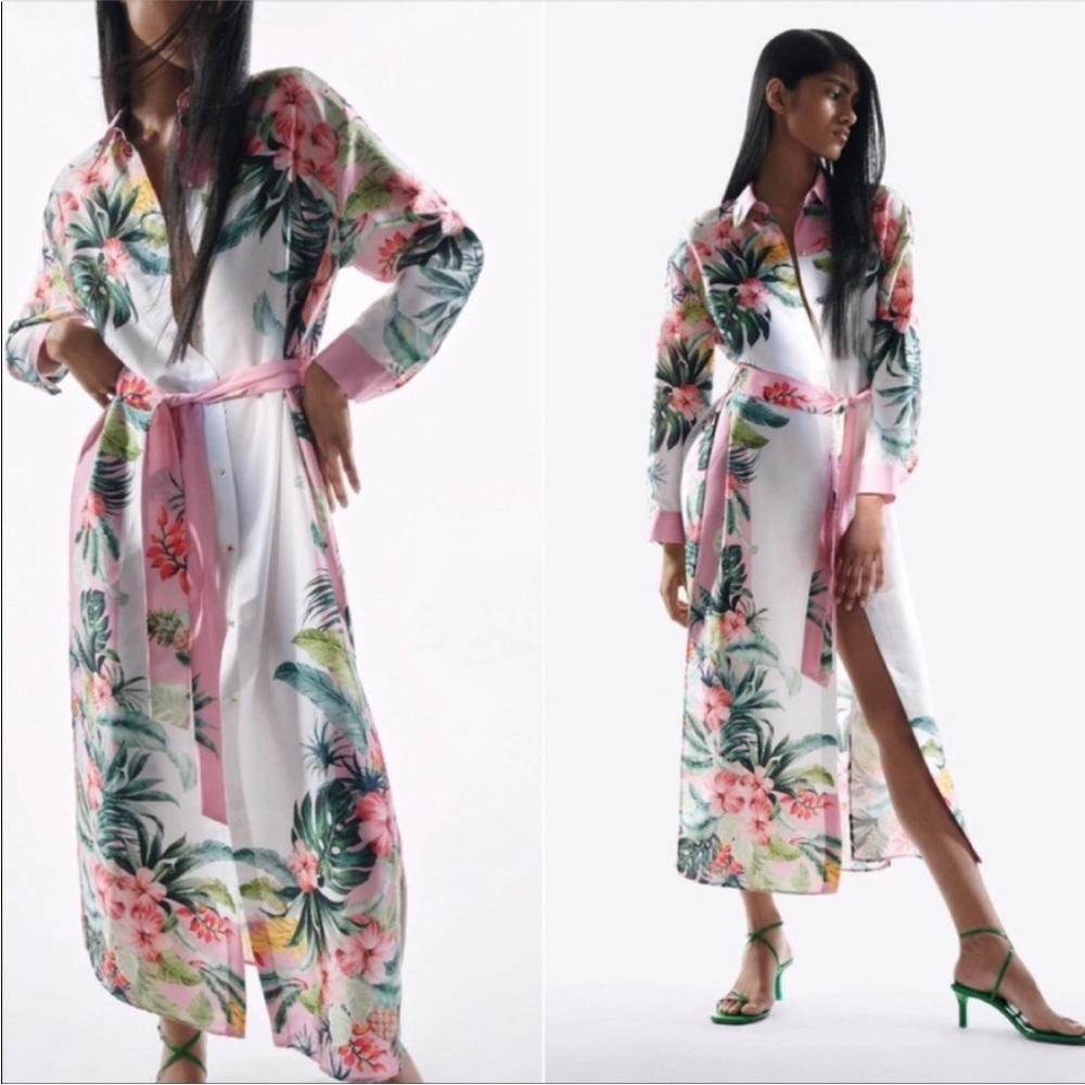NWT Zara Pink and Green Tropical Resort wear Beach  Floral Shirt Dress Sz XL - Picture 4 of 16
